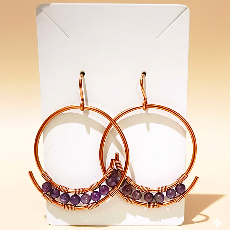 Copper Hoop Earrings featuring Amethyst