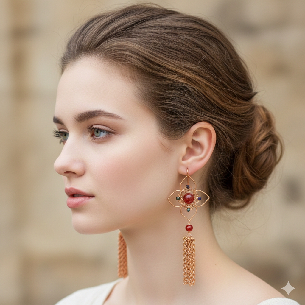 Red Floral Tassel Earrings