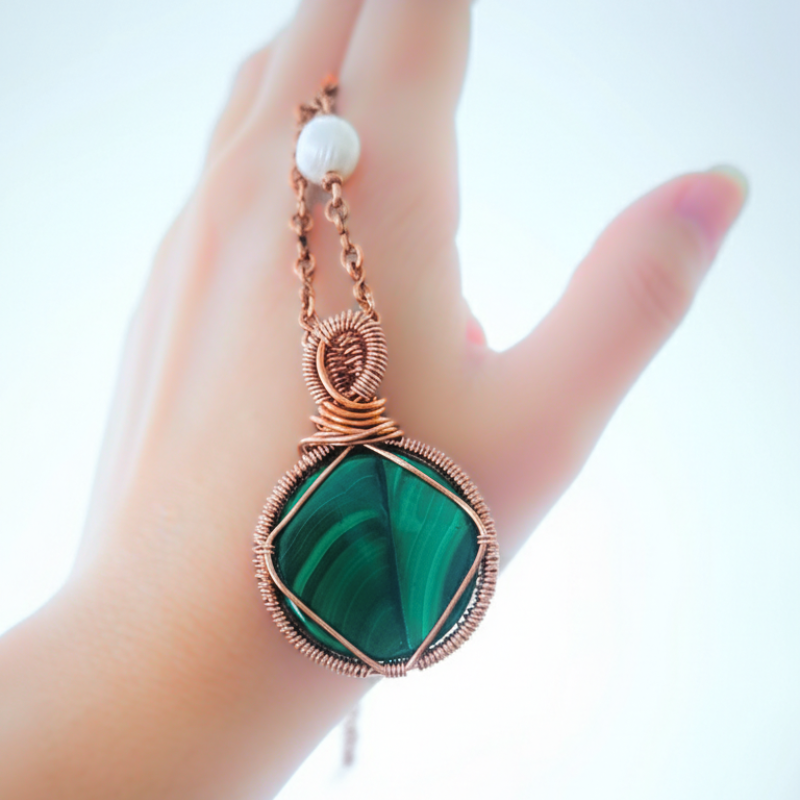 Dr. Beads Copper Necklace featuring Namibian Malachite Coin Pendant wrapped in Copper