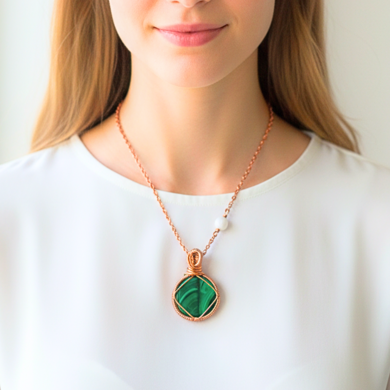 Dr. Beads Copper Necklace featuring Namibian Malachite Coin Pendant wrapped in Copper