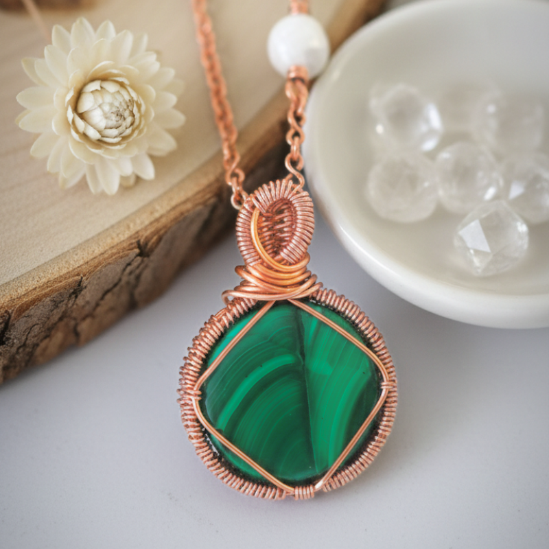 Dr. Beads Copper Necklace featuring Namibian Malachite Coin Pendant wrapped in Copper
