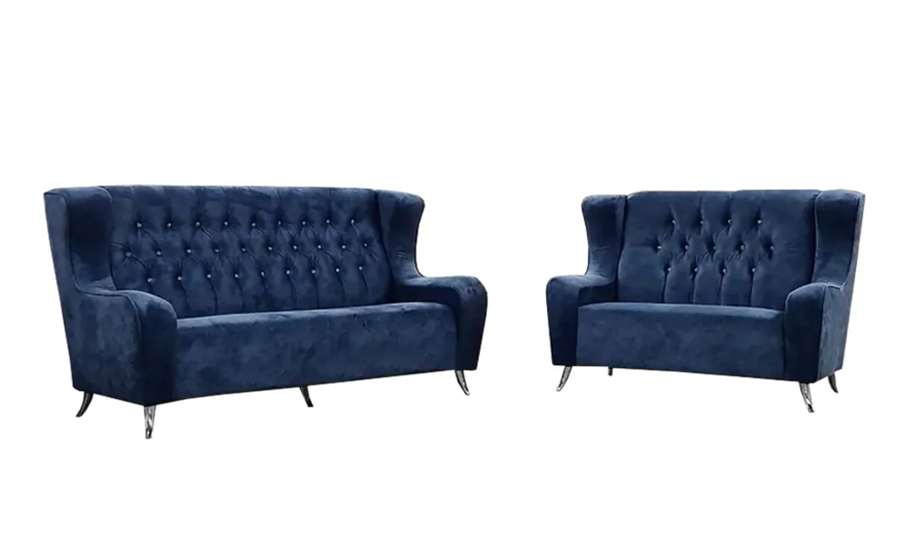 High back diamond-tuft custom sofa with velvet upholstery in Dark Blue