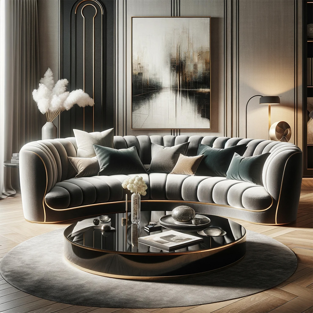 nottisofa a curved velvet sofa in an elegant living room