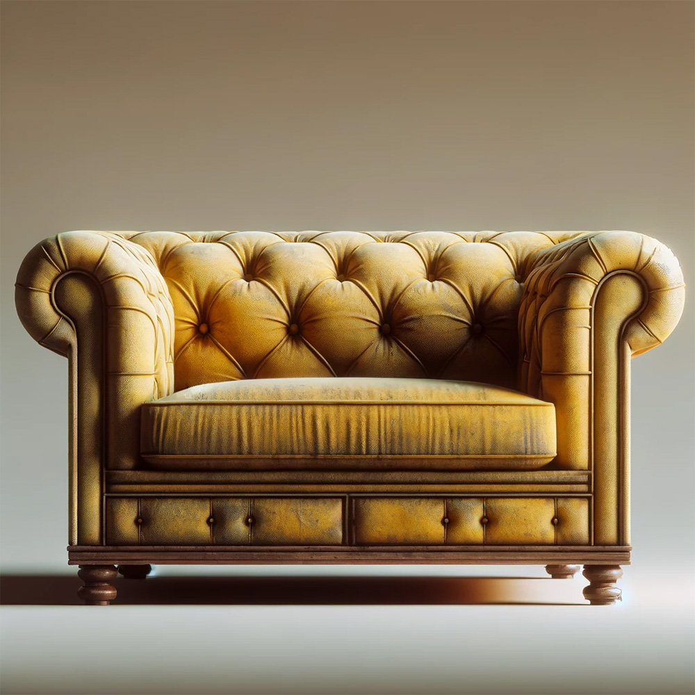 dirty yellow chesterfield sofa with sleek solid wood base
