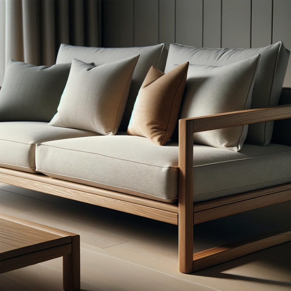 soft color fabric cushion with teak wood frame