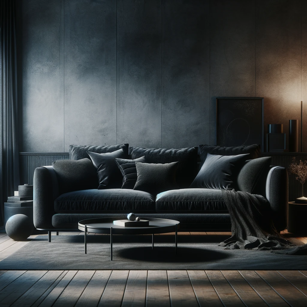 DALL·E 2023-12-20 14.52.54 - A sofa with a dark color palette, exuding sophistication and elegance. The design should be modern and sleek, suitable for a contemporary living room