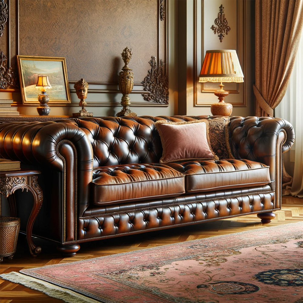 brown leather chesterfield sofa in an elegant living room