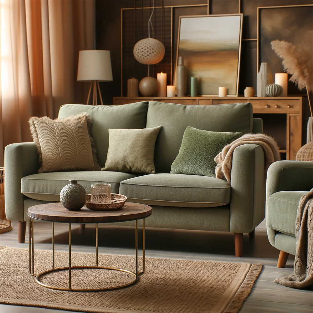 olive green loveseat in a living room