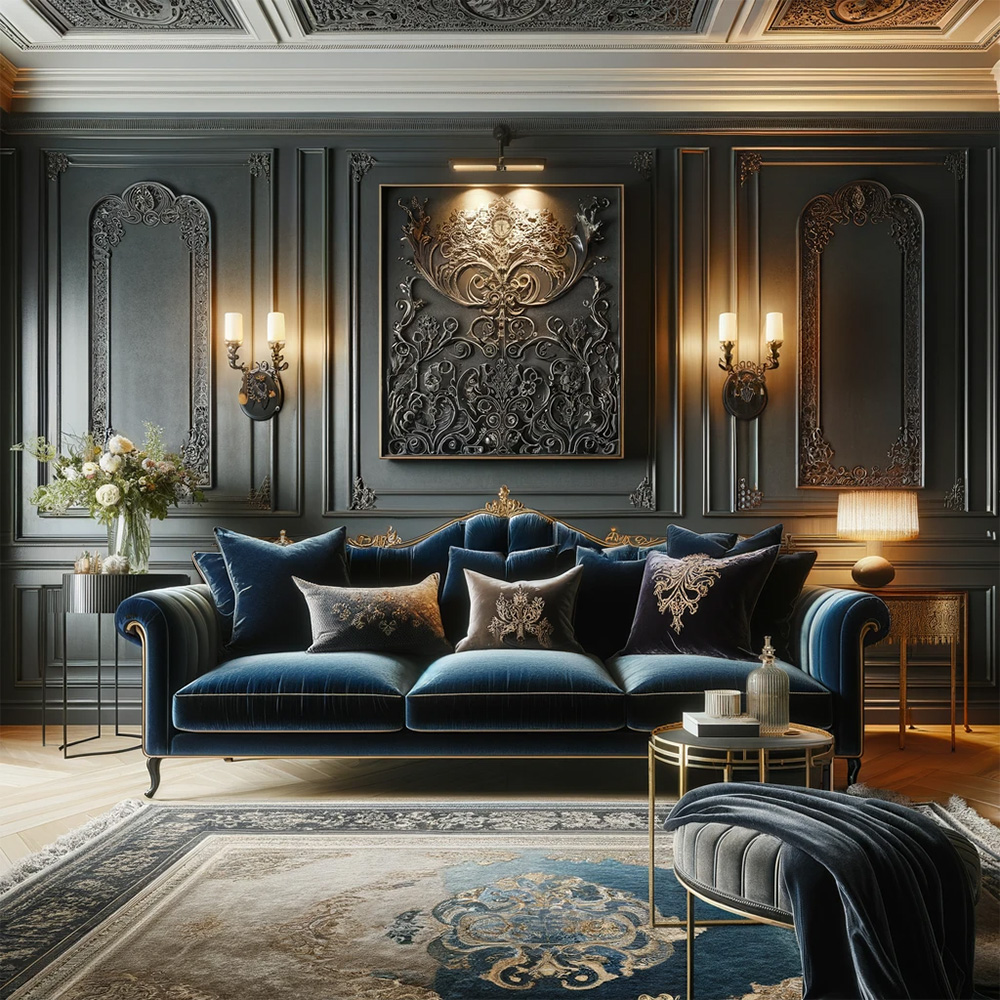 dark blue chesterfield sofa in living room