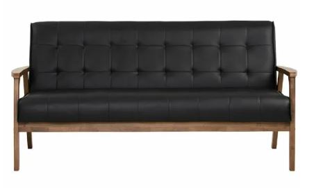 black leather sofa with wood frame