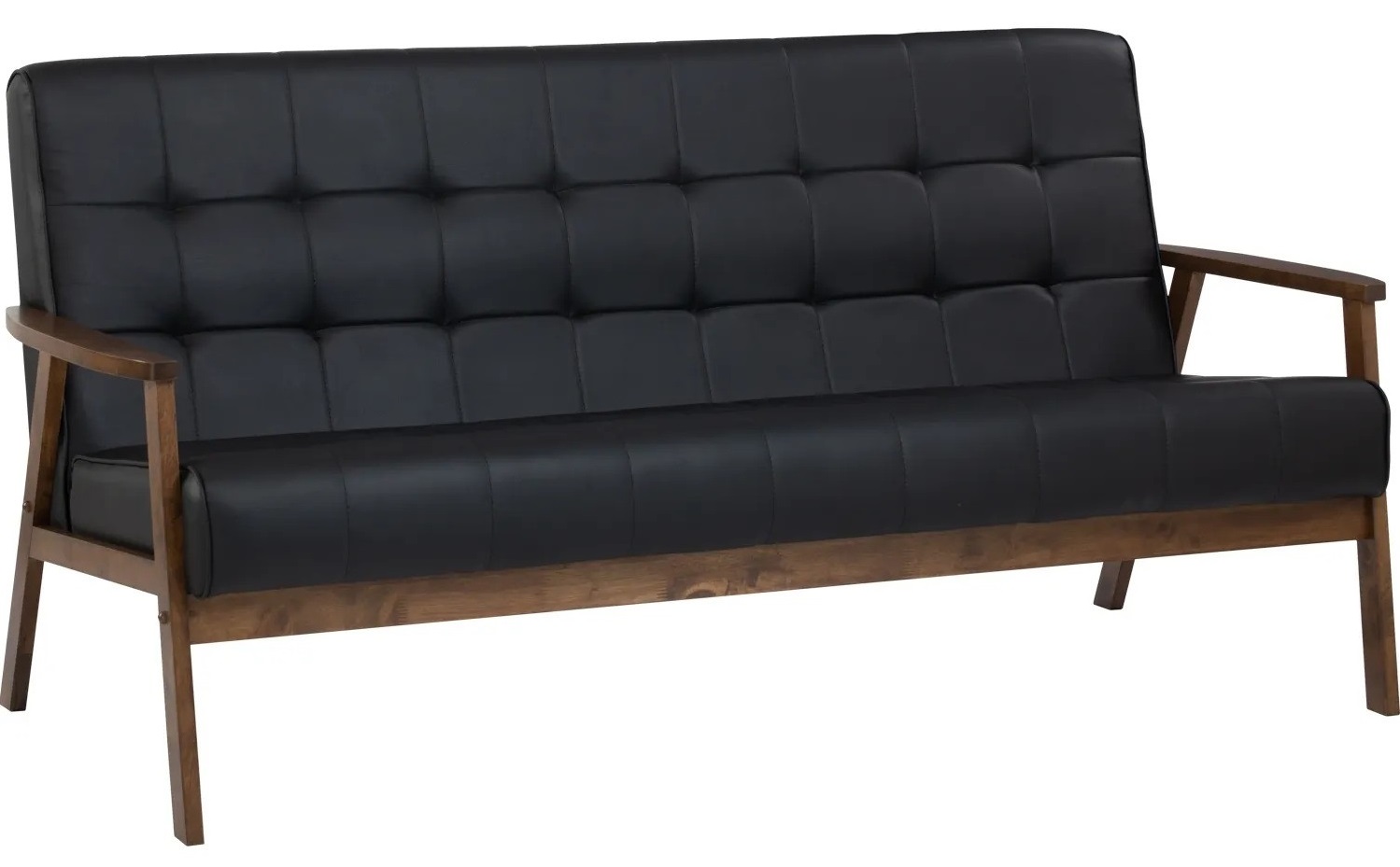mid century black leather sofa with wooden tapered legs