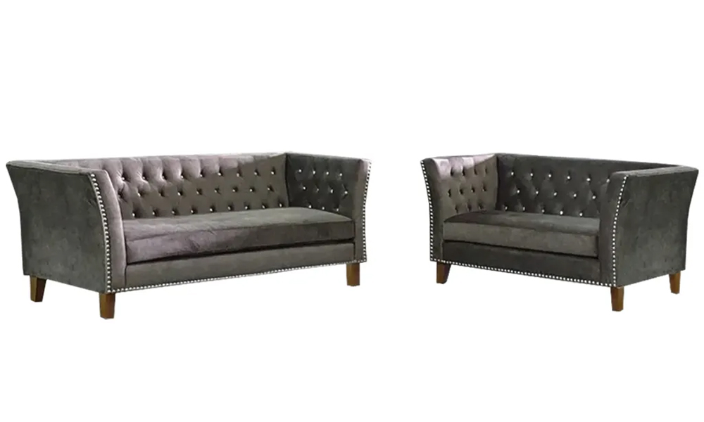 Deep button tufting high backrest and armrest grey tuxedo sofa