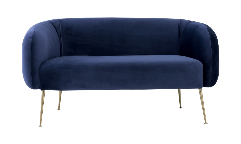 Tekkashop FDSF4984MB Modern Style Veloutine Fabric Seat and Gold Plated Legs 2 Seater Sofa in Midnight Blue
