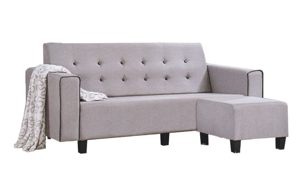 Tekkashop FDSF0817GY Simplicity Button-Tuft 3 Seater L Shape Fabric Sofa with Stool - Grey