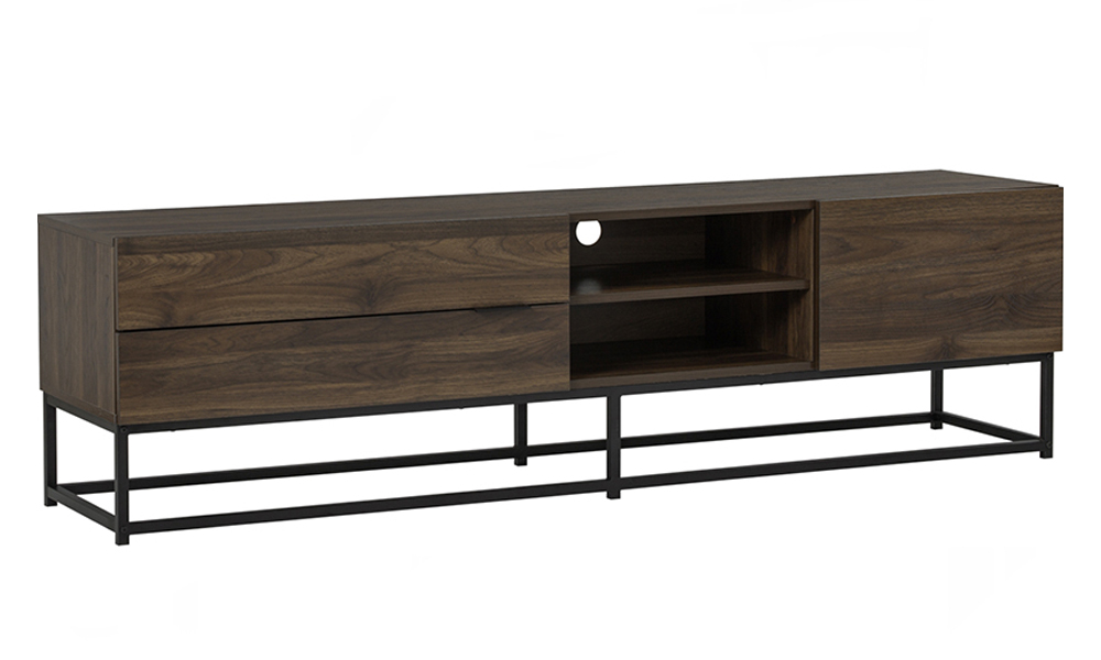 Tekkashop FDTV1007WT Industrial Style TV Cabinet with Laminated Board and Metal Legs in Walnut