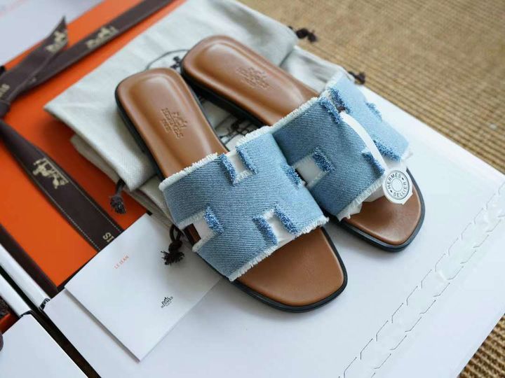 HERMES ORAN H字型平底拖鞋 流蘇牛仔新款