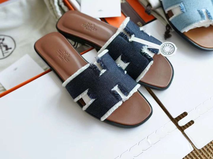 HERMES ORAN H字型平底拖鞋 流蘇牛仔新款1