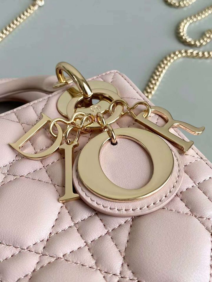 DIOR LADY MINI 胭脂粉金釦三格羊皮黛妃包 1
