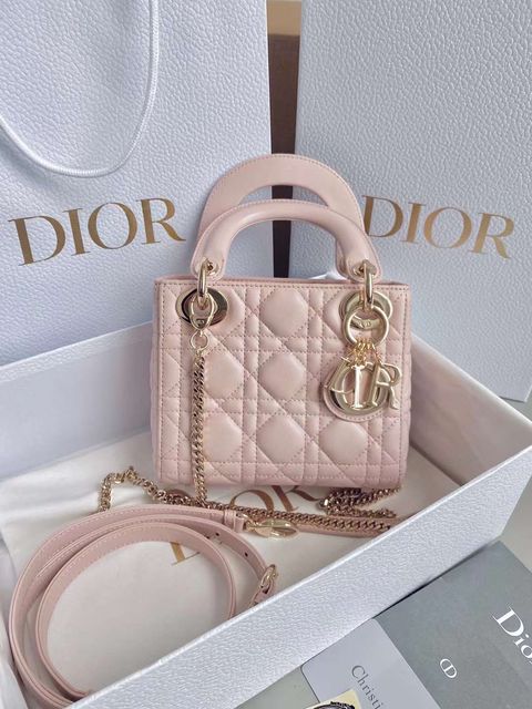 DIOR LADY MINI 胭脂粉金釦三格羊皮黛妃包 