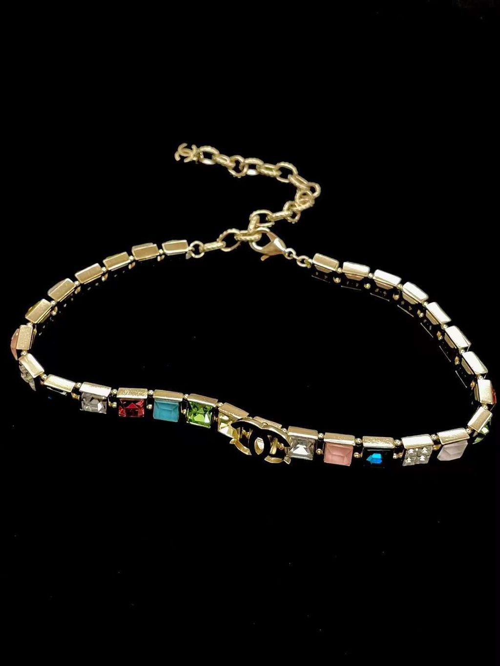 CHANEL 雙C彩色方鑽頸鏈項鍊