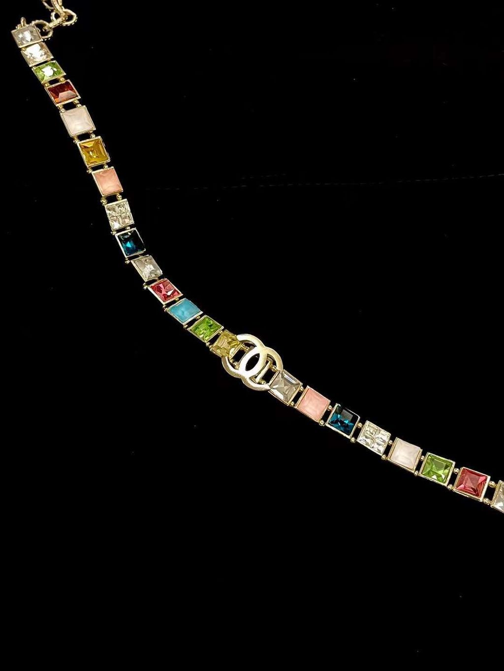 CHANEL 雙C彩色方鑽頸鏈項鍊1