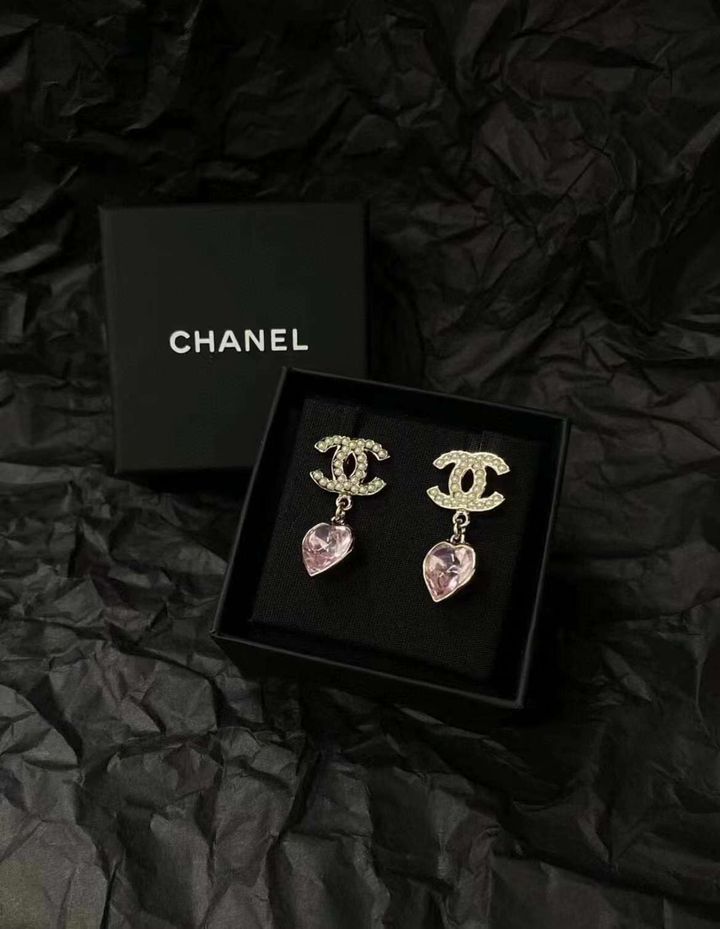 CHANEL 珍珠雙C愛心粉紅鑽吊墜耳環 