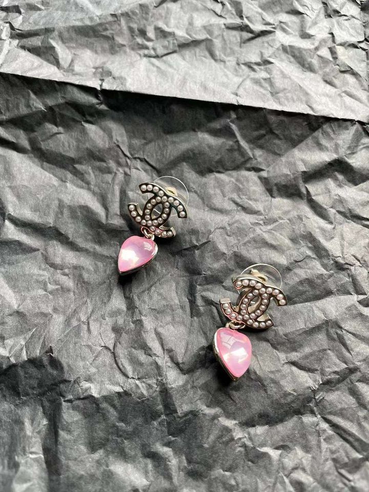 CHANEL 珍珠雙C愛心粉紅鑽吊墜耳環 1