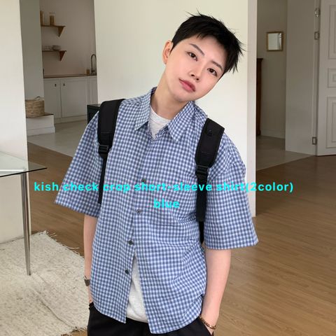 kish check crop short-sleeve shirt-blue