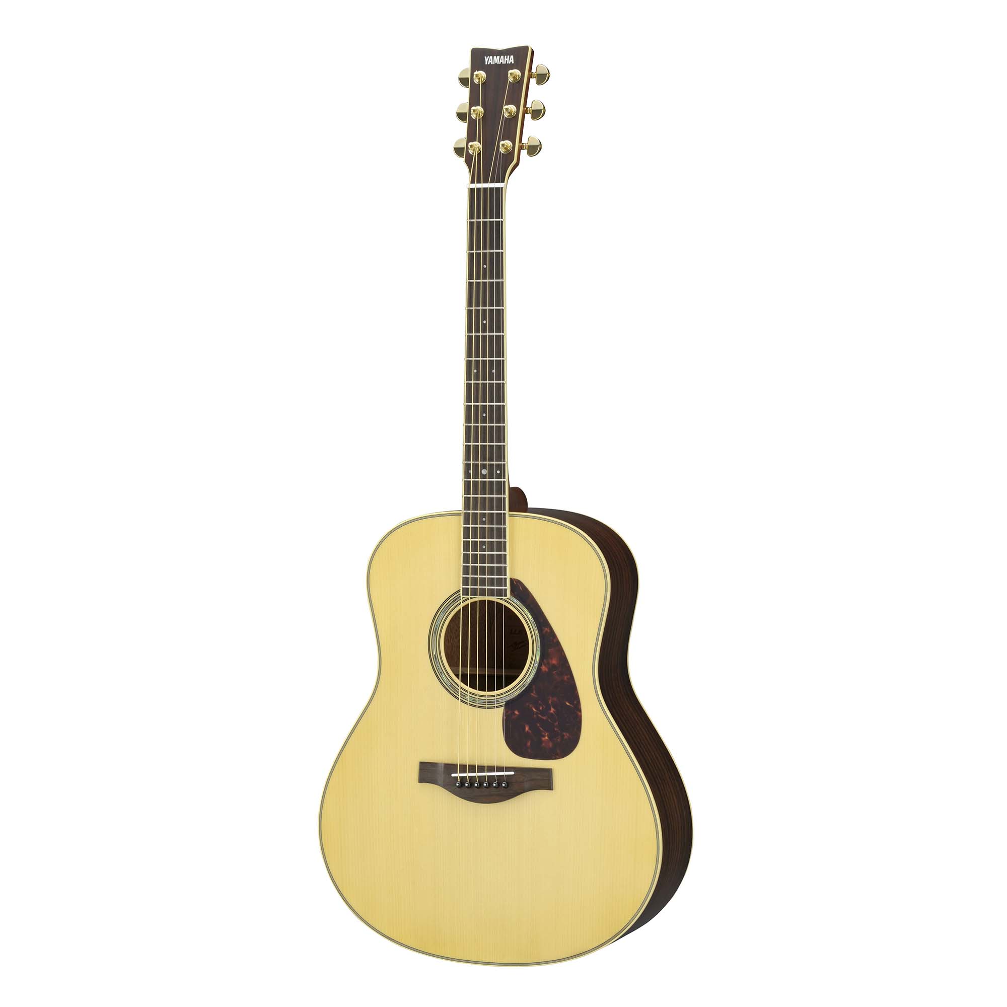 Yamaha LL6 ARE 原木色吉他,圓肩無缺角琴身、玳瑁紋護板與金色弦鈕