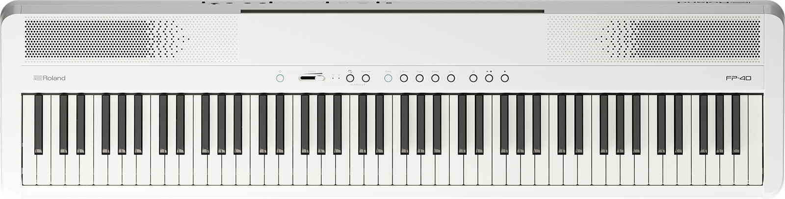 Roland 原廠 FP-40 白色電鋼琴俯視圖,可見 88 鍵及上方面板