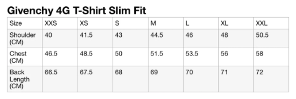 GVC 4G TEE SIZE CHART