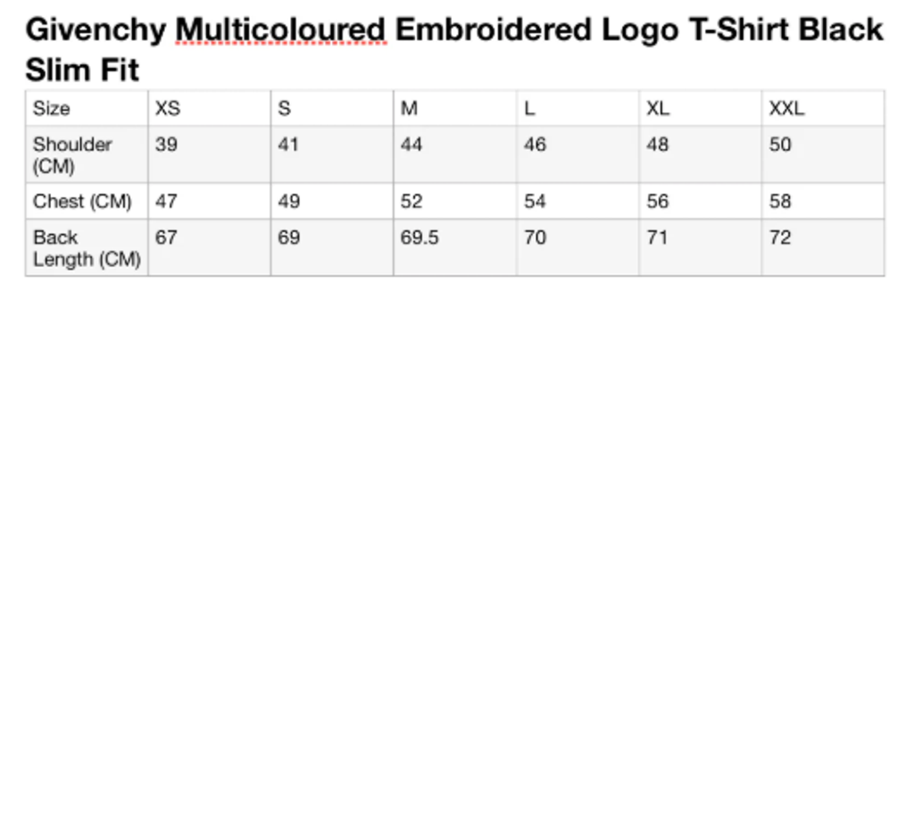 MULTICOLOR GVC SIZE CHART