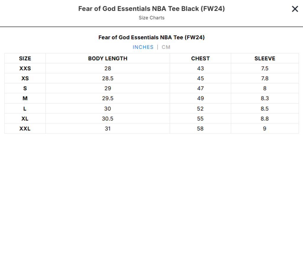 ESSENTIALS NBA SIZE CHART