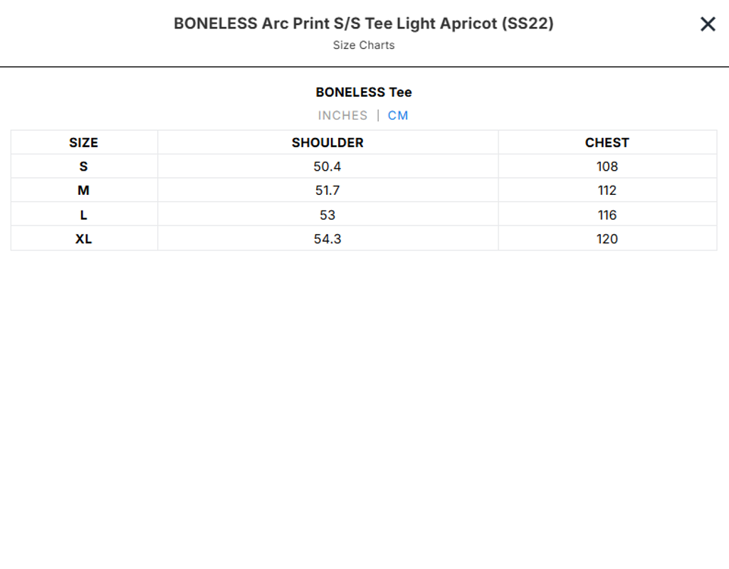 BONELESS ARC PRINT SZ CHART