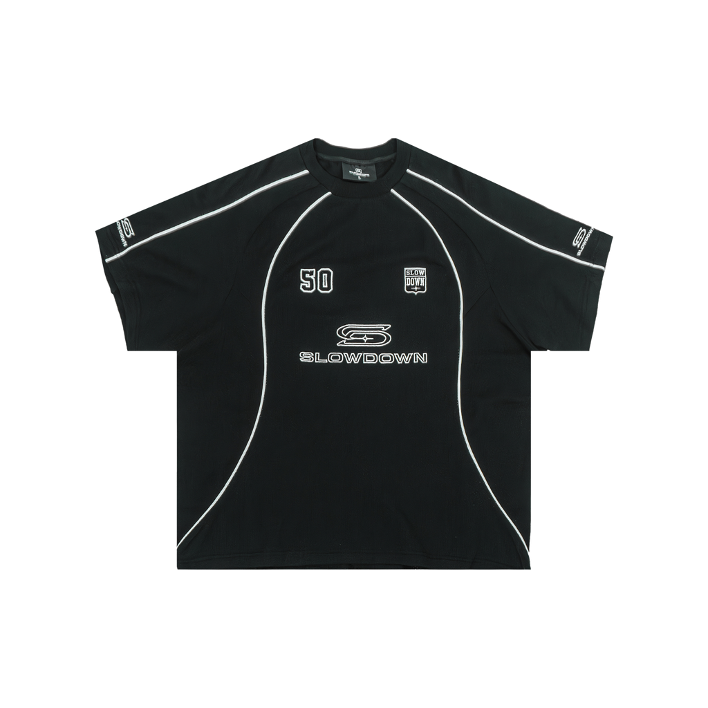 SLOWDOWN Soccer Tee Black (FW25) - Front