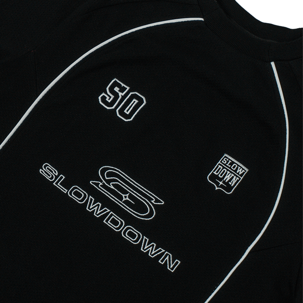 SLOWDOWN Soccer Tee Black (FW25) - Front (1)