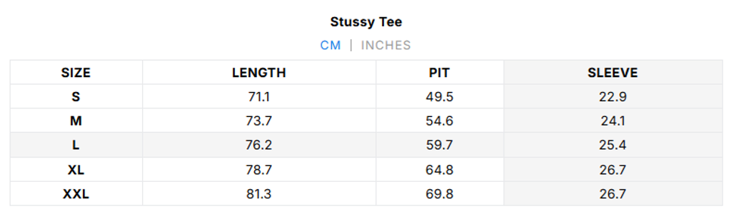 stussy tee size chart