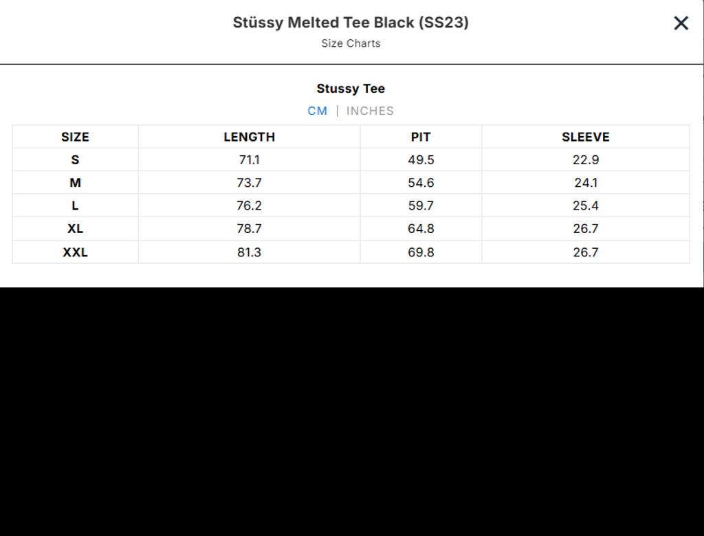 stussy size chart