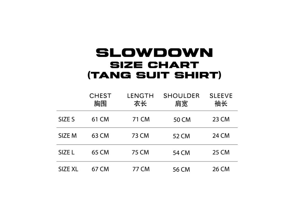 SD Tang Suit Shirt Size Chart