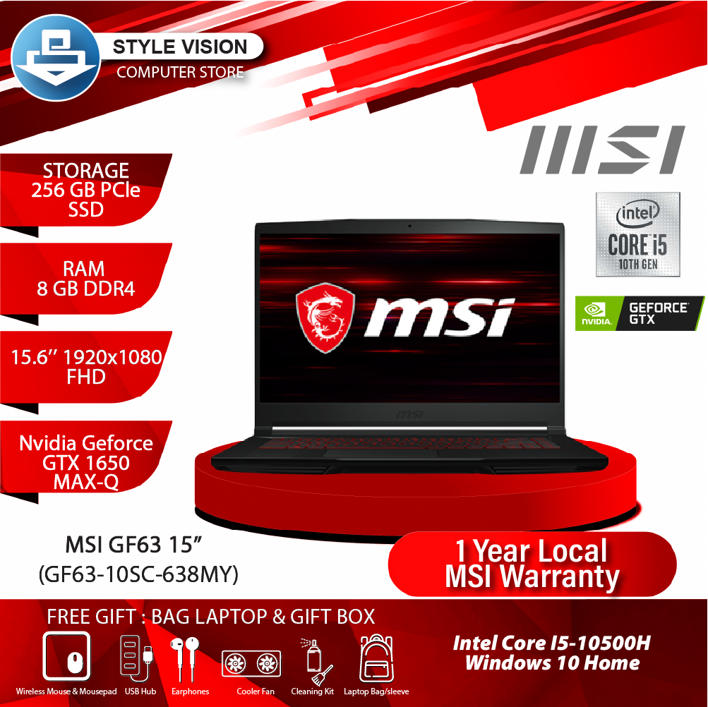 MSI Thin GF63-10SC-638MY, Intel Core I5-10500H/8GB/256GB/GTX1650MAX  Q/15.6"FHD/W10/