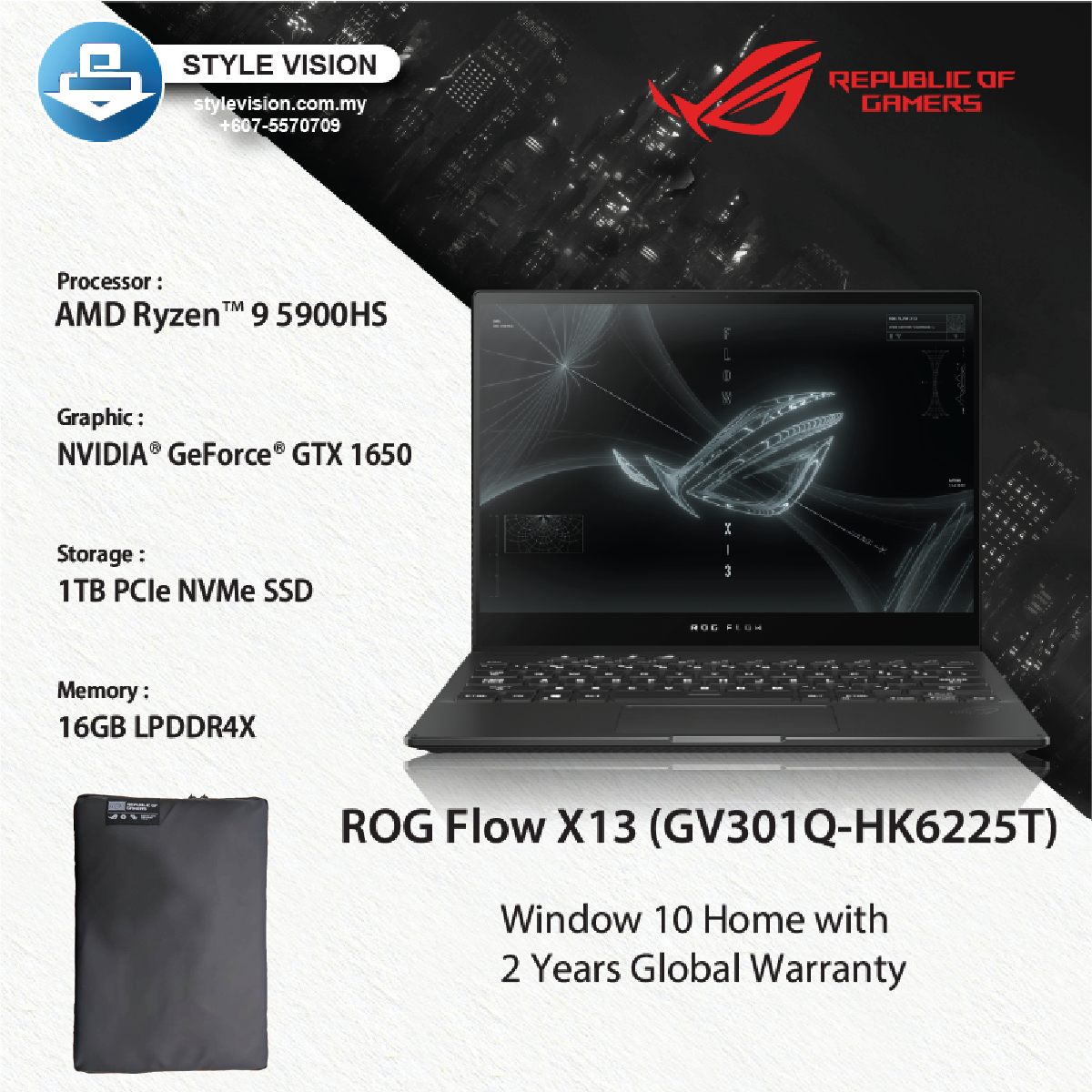 Asus ROG Flow X13 Gaming Laptop (GV301Q-HK6225T) (AMD Ryzen9-5900HS/16GB  DDR4/1TB SSD/13.4"/Nvidia GTX1650/Window10/2years Global Warranty) – Style  Vision Computer Store