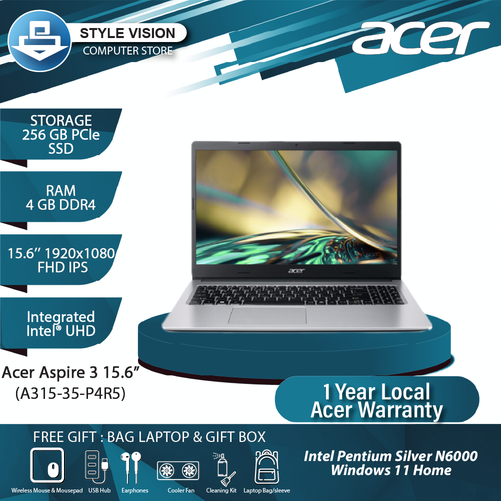 Acer Aspire 3 (A315-35-P4R5) Pentium N6000 4GB DDR4 256GB SSD 15.6"HD Win10  1YR ITW) – Style Vision Computer Store