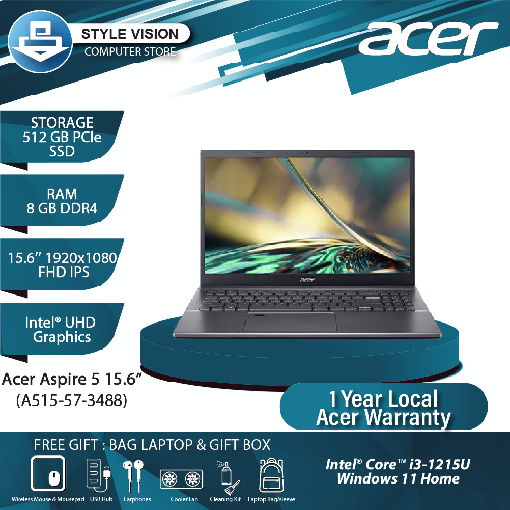 Acer Aspire 5 A515-57-3488 Intel Core I3 1215U 8GB 512GB 15.6"FHD Win11 1yr  Local Warranty Free office LF License – Style Vision Computer Store