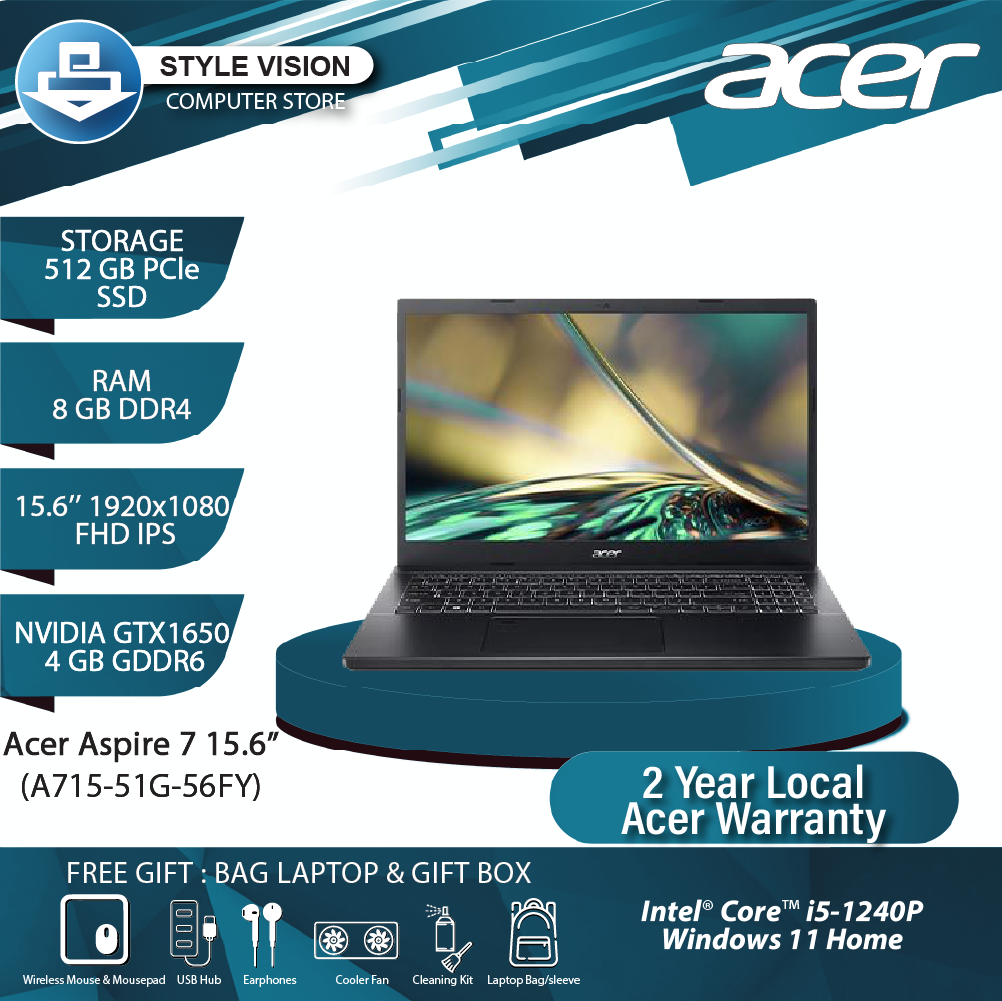 Acer Aspire 7 A715-51G-56FY Intel Core I5 1240P 8GB 512GB GTX1650 15.6"FHD  Win11 2yr Local Warranty – Style Vision Computer Store