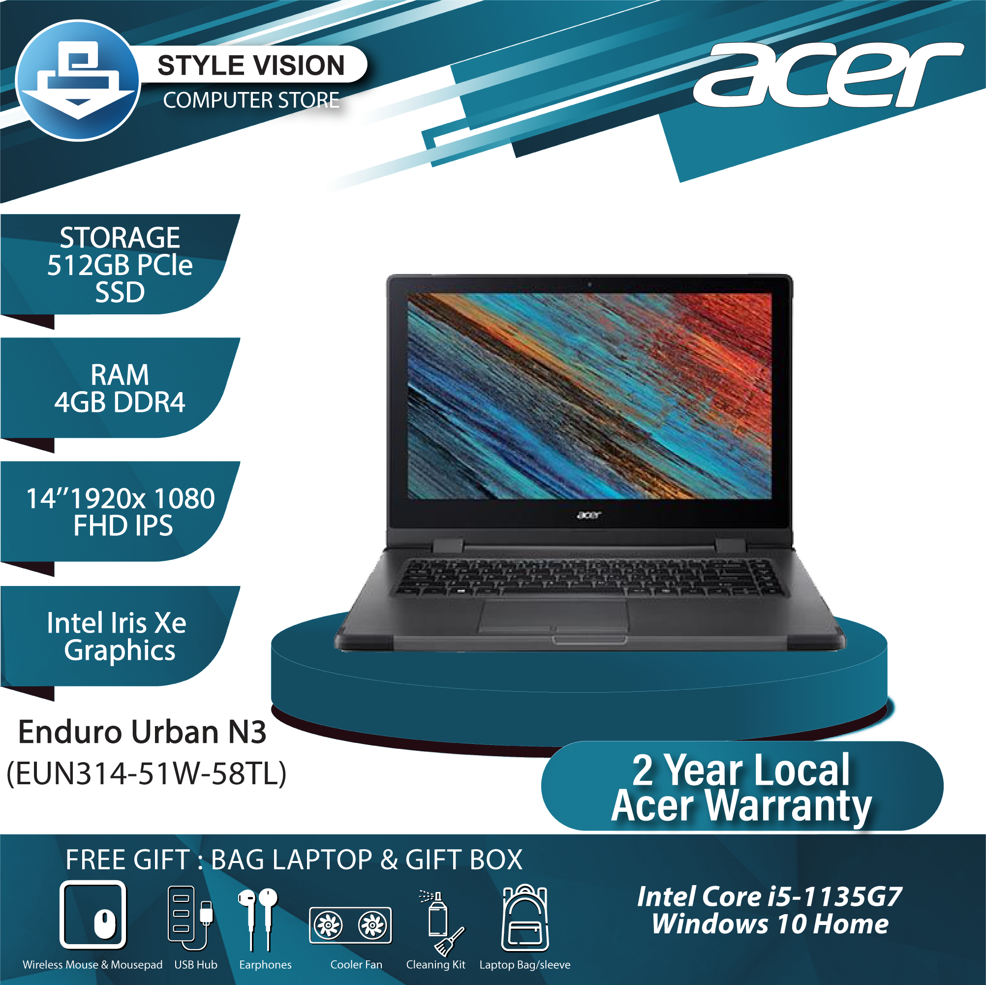Acer Enduro Urban N3 (EUN314-51W-58TL) I5-1135G7/4GB/512GB/14"FHD/W10 –  Style Vision Computer Store