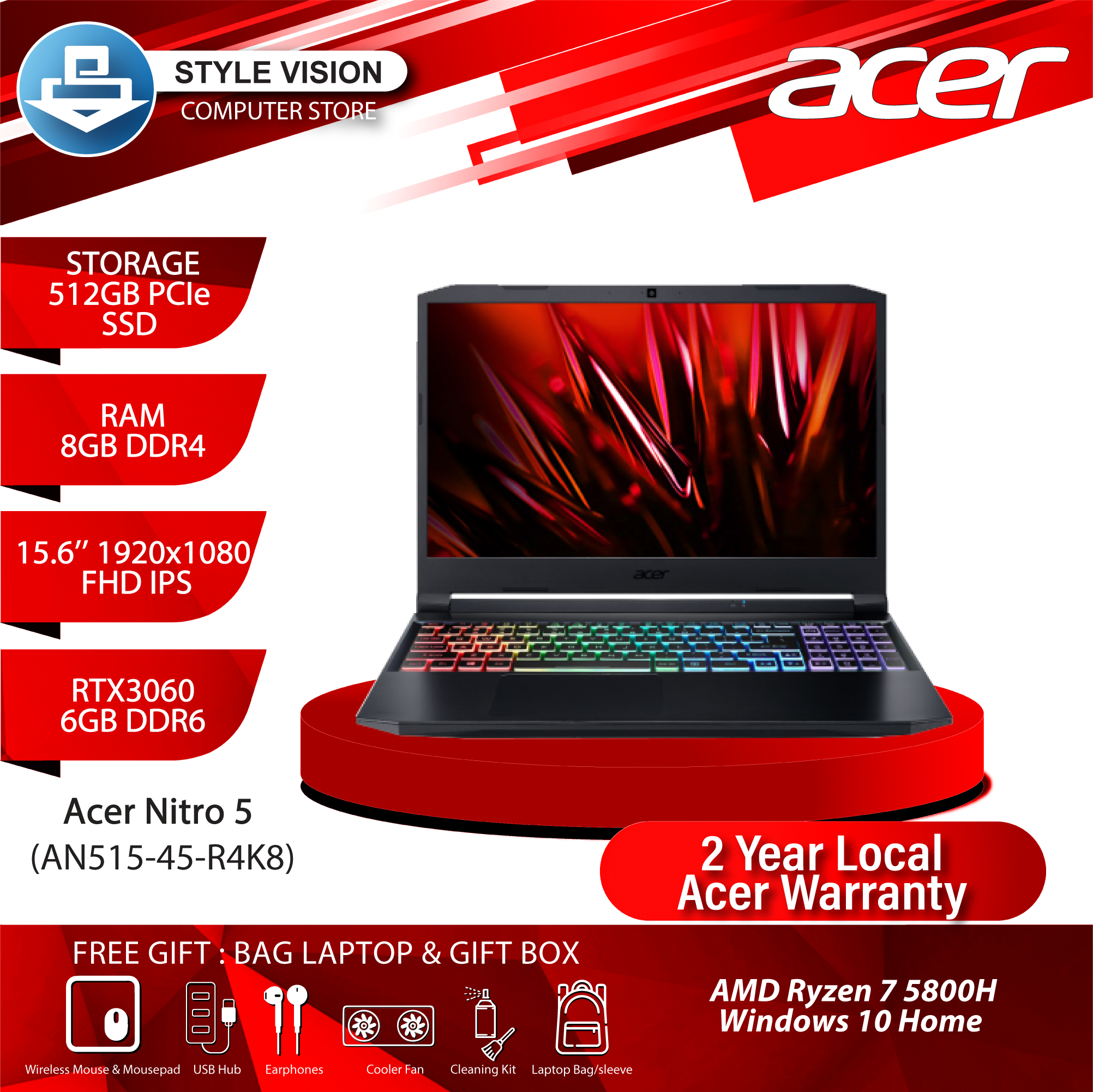 Acer Nitro 5 Gaming AN515-45-R4K8 AMD Ryzen 7  5800H/8GB/512GB/RTX3060/15.6"144Hz/Win10 – Style Vision Computer Store