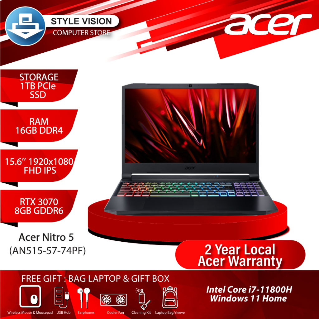 Acer Nitro 5 Gaming Laptop (AN515-57-74PF) (i7-11800H/16GB DDR4/1TB  SSD/Nvidia RTX 3070 8GB GDDR6/15.6" 144Hz/W11/2YW) – Style Vision Computer  Store