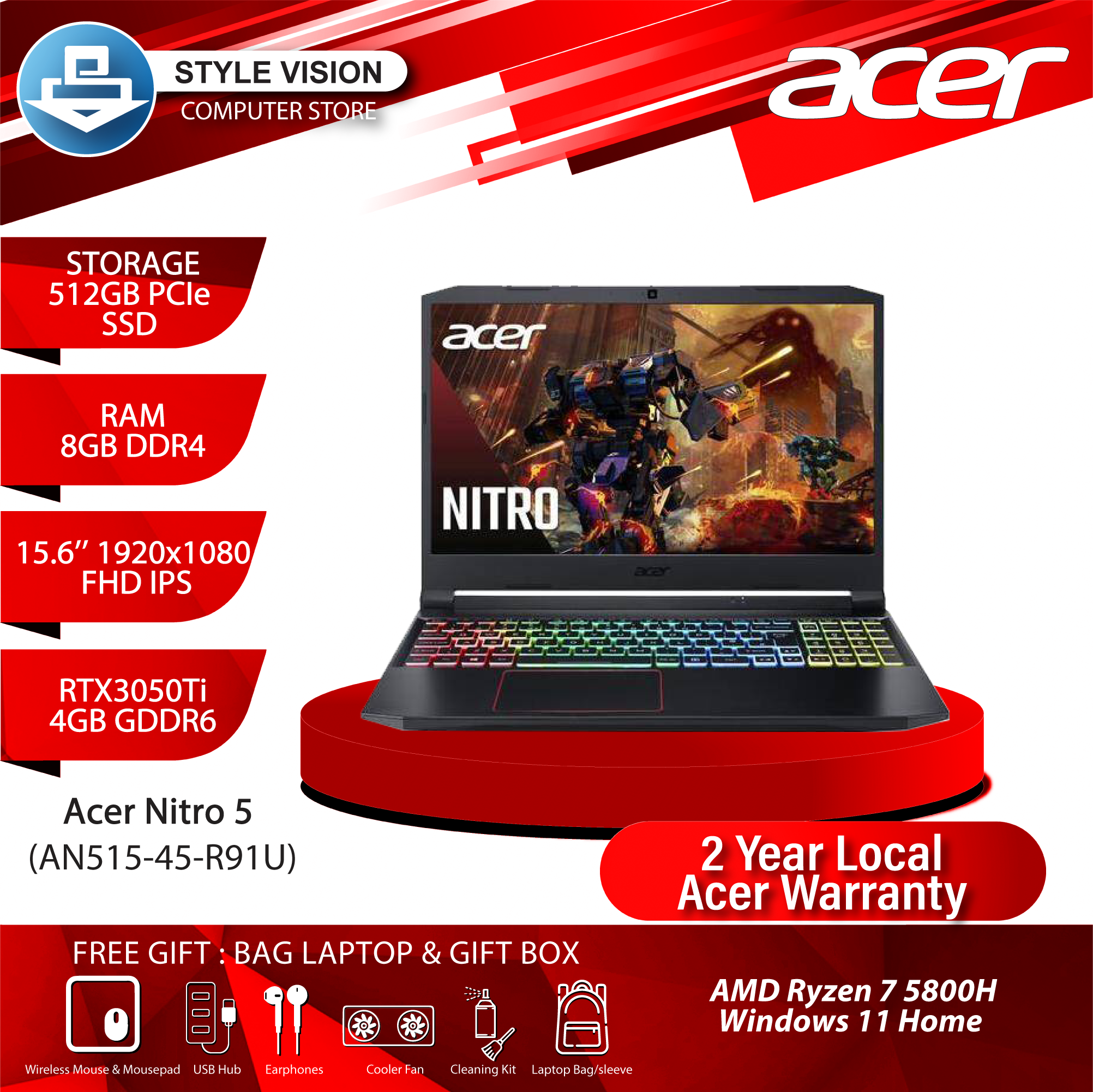 Acer Nitro 5 Gaming AN515-45-R91U AMD Ryzen 7 5800H 8GB 512GB RTX3050TI  15.6"144Hz Win10 – Style Vision Computer Store