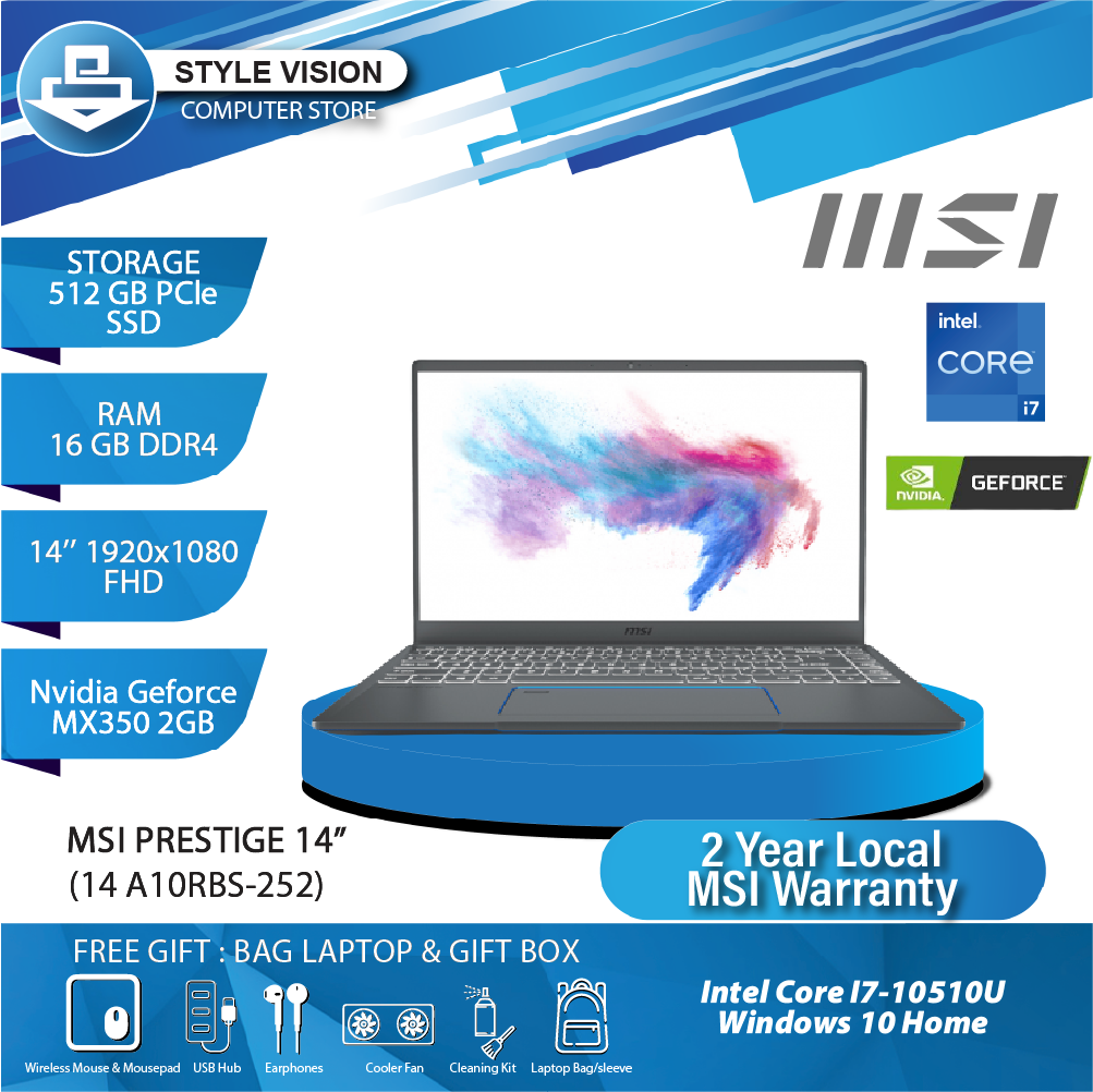 MSI PRESTIGE 14 A10RBS-252, INTEL CORE I7-10510H/16GB DDR4/512GB SSD/MX350/14"FHD/Win10  – Style Vision Computer Store