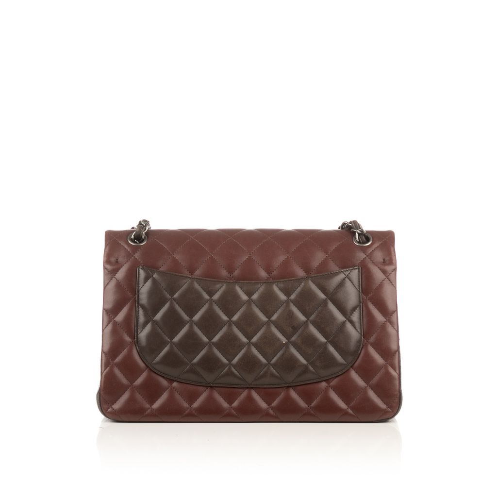 CHANEL Lambskin Quilted Jumbo Tri-Color Double Flap Burgundy